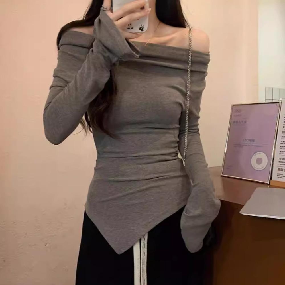 Необычный пуловер с косым плечом, облегающие футболки для женщин, мода Y2k, футболка с длинным рукавом, весна