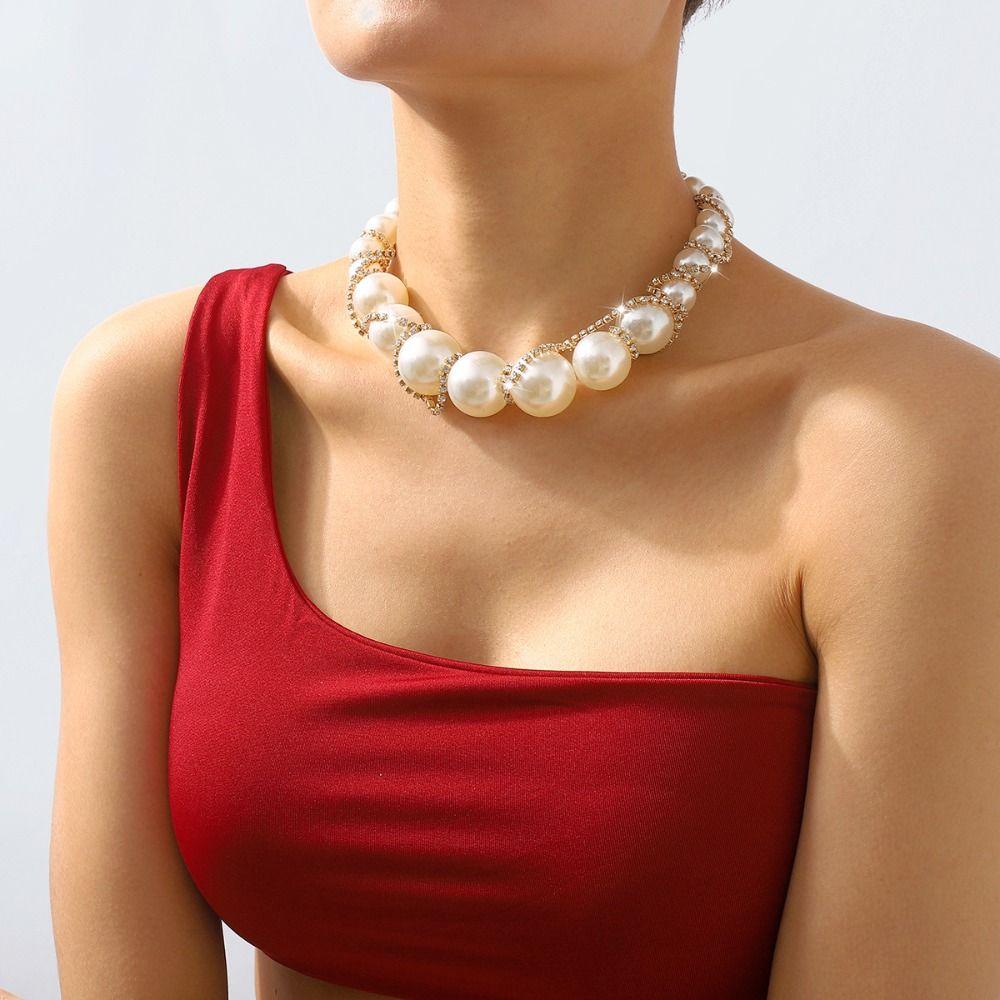 Цепочка на шею Ожерелье со стразами Корейский стиль Преувеличенное ожерелье Ретро Чокер с крупной жемчужиной Женский