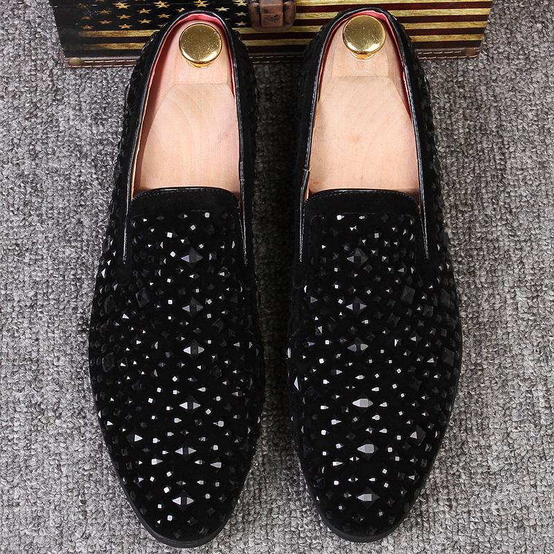Fashion Man Loafers Shoes Genuine Leather Casual Fashion Mens Rhinestone Driving Shoes Man Flats Dress Wedding Slip-on Club Shoe