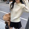 European Dark Blue Striped Lapel Sweater for Women - Spring/Autumn 2026 Cable Knit Top