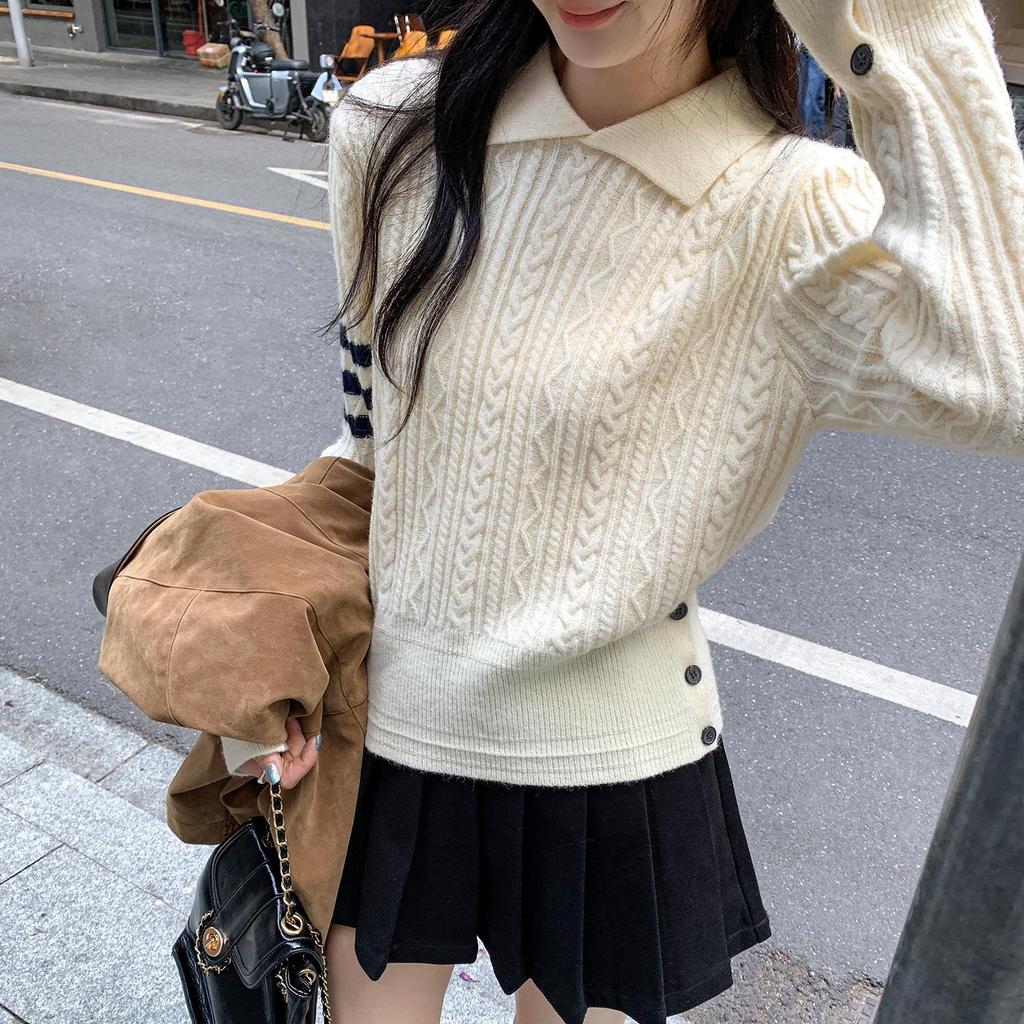 European Dark Blue Striped Lapel Sweater for Women - Spring/Autumn 2026 Cable Knit Top