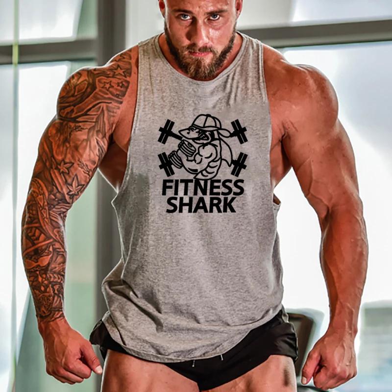 Muscleguys FITNESS SHARK Беговые жилеты Мужские майки для бодибилдинга Хлопковая тренировочная майка без рукавов Одежда для бега Stringer для мышц
