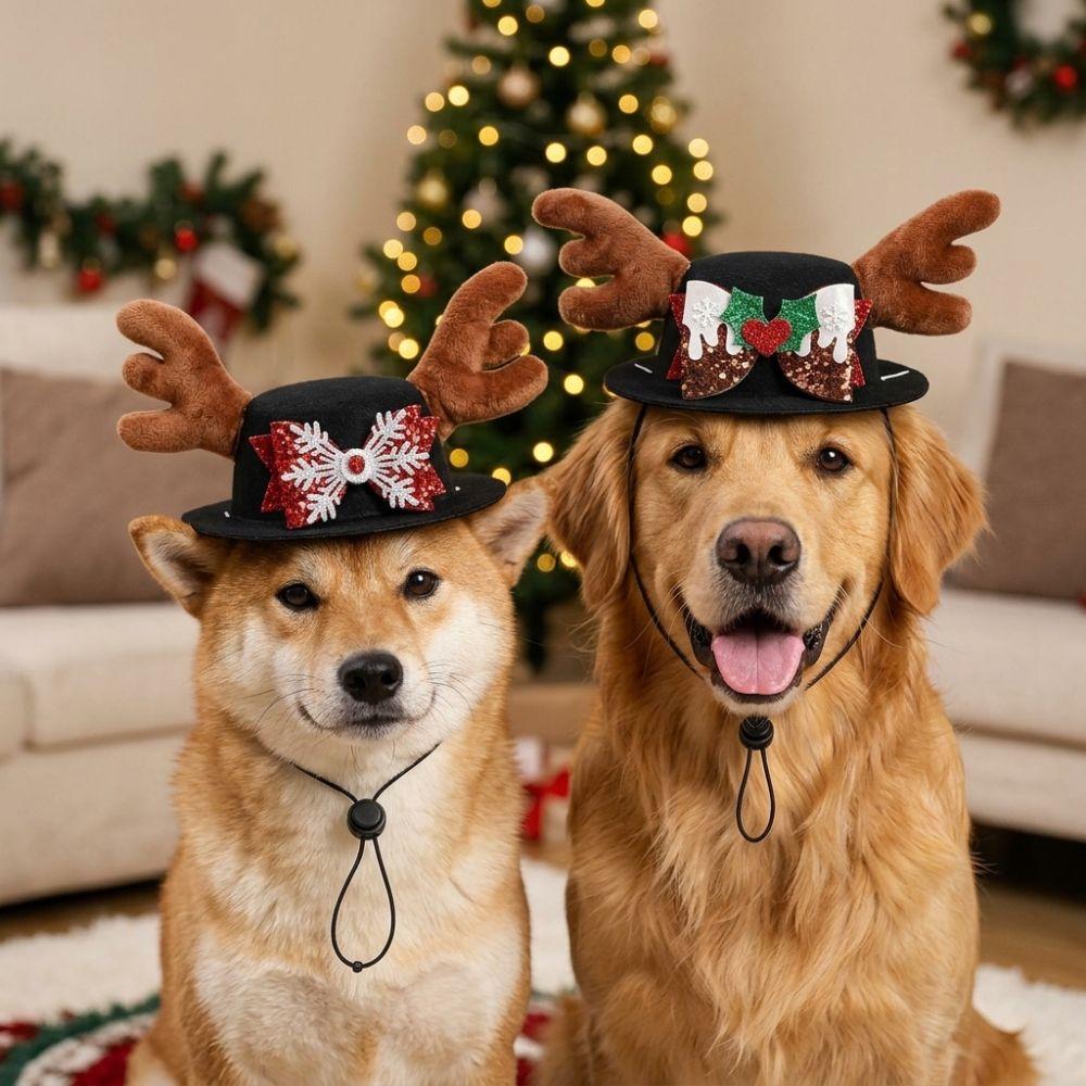 Adjustable Pet Christmas Antler Hat Soft Plush Snowflake Pet Hat Costume Headwear  Party Photo