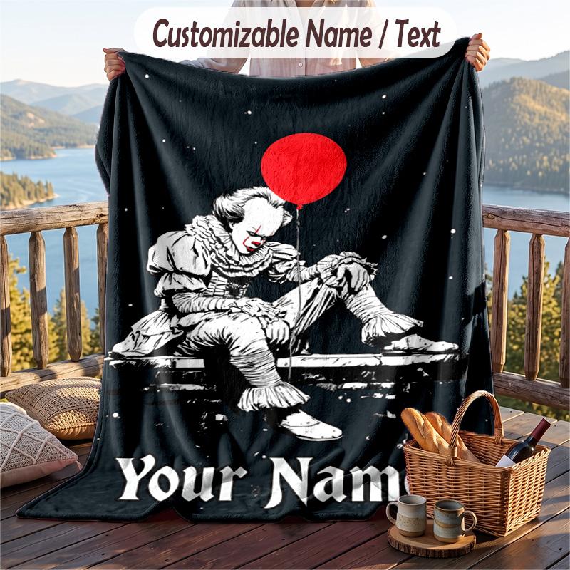 Custom Text Flannel Throw Blanket, Lightweight Cozy Bed Sofa BlanketIT Pennywise