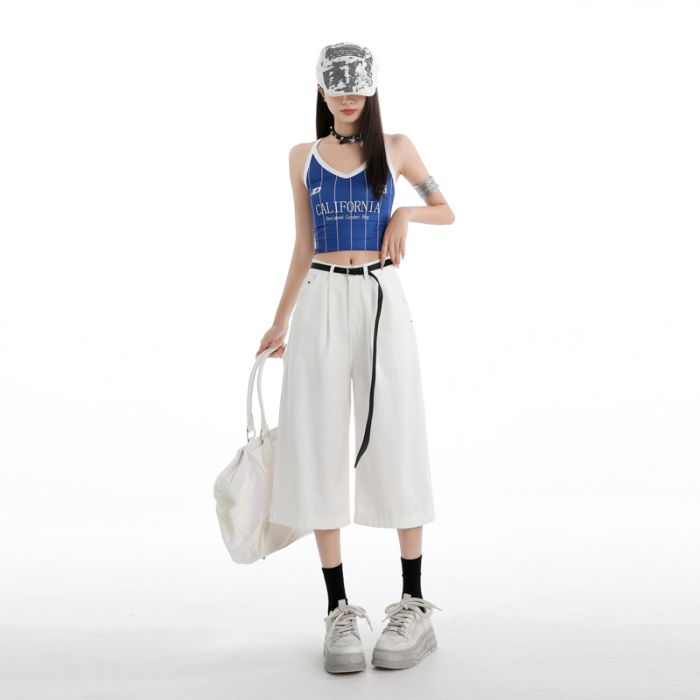 Gedijie pleated pocket casual pants women's new versatile wide leg seven quarter jeans