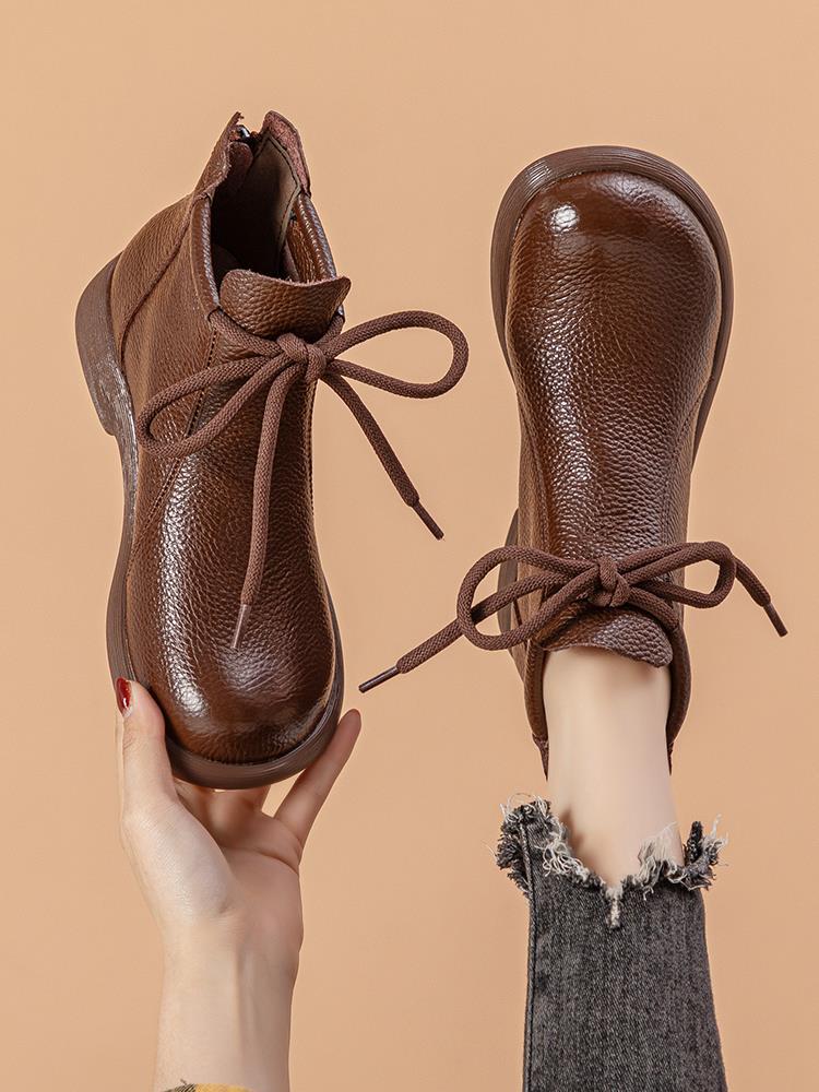 New First-layer Cowhide Martin Boots Women's Shoes Short Boots Warm Soft-soled Mother Shoes Velvet Lace-up Deep Mouth Fashion Casual