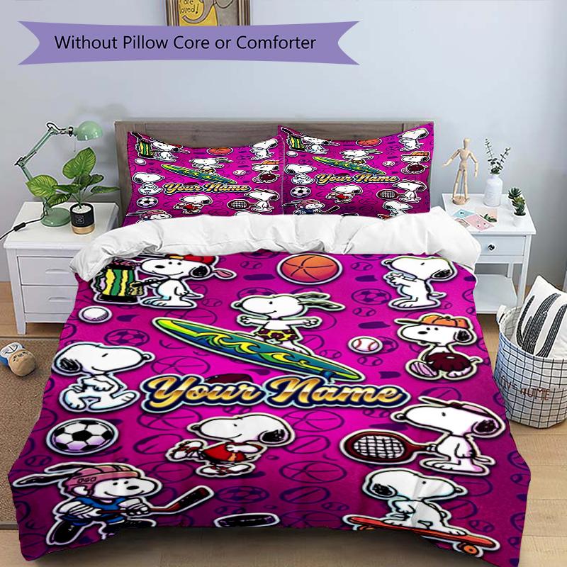 3pcs Custom Name Snoopy Sports Printed Bedding Set Duvet Cover Closure Includes 1 Duvet Cover & 2 Pillowcases, Soft and Comfortable for All Seasons.