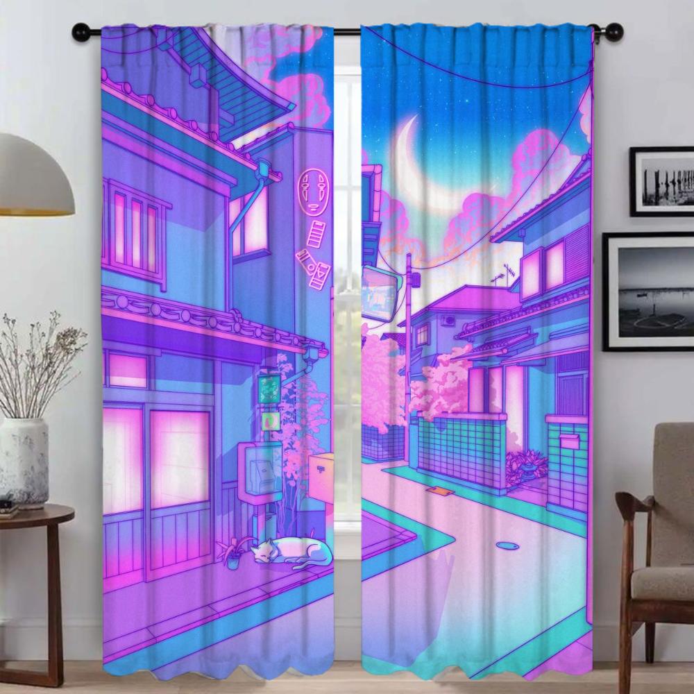 City Pop Curtains for Bedroom Halloween Decoration Kitchen Curtains 2 Pieces Window Curtain Partition Living Room Curtain Shades