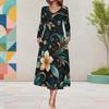 Women Plus Size Round Neck Long Sleeve Black Butterfly Printed Midi Dress With Pockets