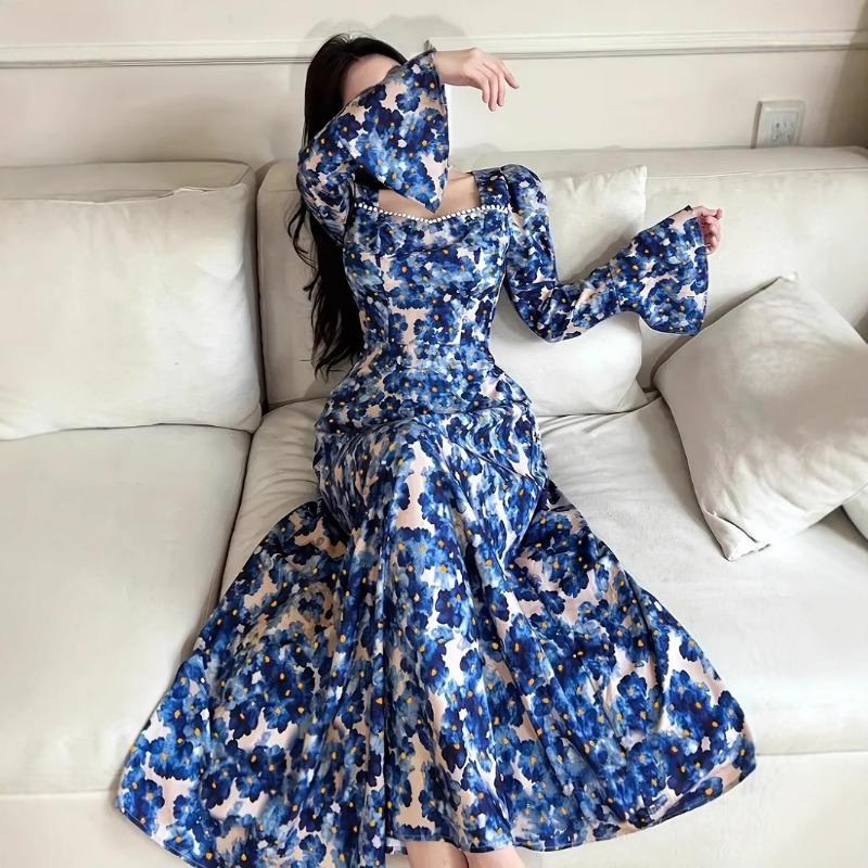 Женское винтажное платье, весеннее, с квадратным воротником, рукавами-фонариками, утягивающее, с большим цветочным принтом