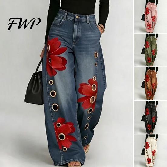 High Rise Trousers Women Waisted Wide Leg Jeans, Vintage Floral Print Faux Denim Jeans Trousers, Loose Fit Casual Pants with Pockets & Metal