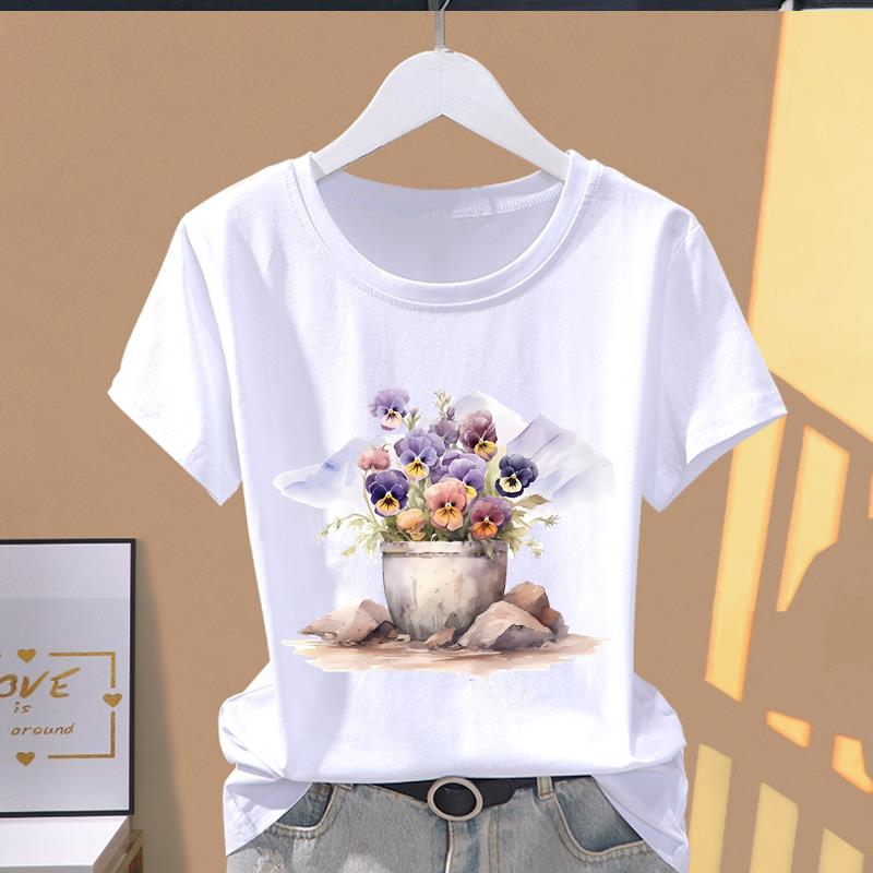 (Asian Size) Graphic Tee T Clothing Casual Fashion Trend Flower Cute 90s Print Female Casual  Women's Top Lady Short Sleeve T-shirt
