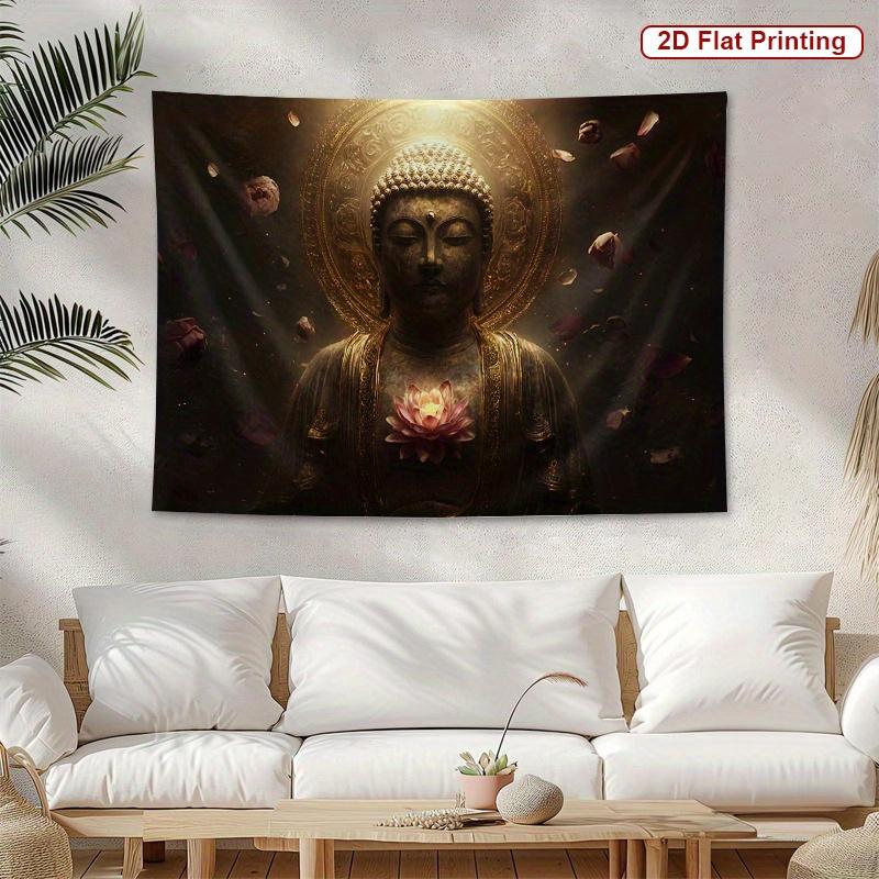 Buddha Lotus Tapestry Golden Serene Buddha with Floating Pink Lotus Spiritual Wall Artfor Bedroom or Dorm Decor