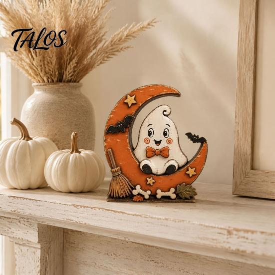 Водонепроницаемые ornaments из массива дерева Хэллоуин Ретро Тыква Колдунья Кошка Призрак Фигурки на Основании в виде Полумесяца, Жуткие Винтажные Осенние Праздничные Принадлежности