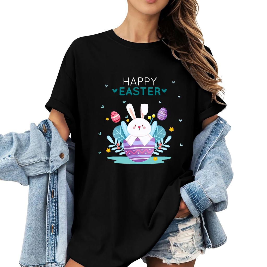 Women's Casual Short Sleeve Easter Printed Round Neck Short Sleeve T-Shirt Top