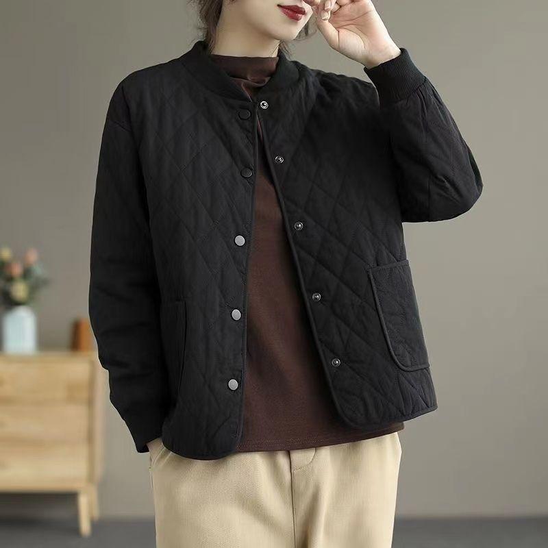 Autumn and Winter Women's Section Loose Solid Color Comfortable Jacket Round Neck Short Section Diamond Lattice Clip Cotton Jacket