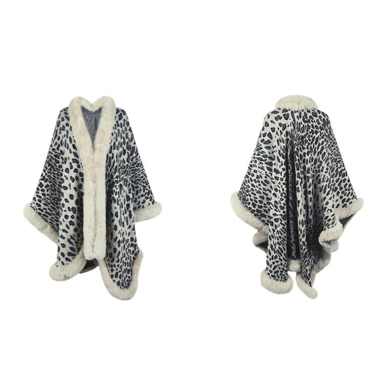 Women Autumn Winter Fur Collar Leopard Pattern Shawl Cardigan Fashion Vintage Batwing Sleeve Thick Warm Cape Coat