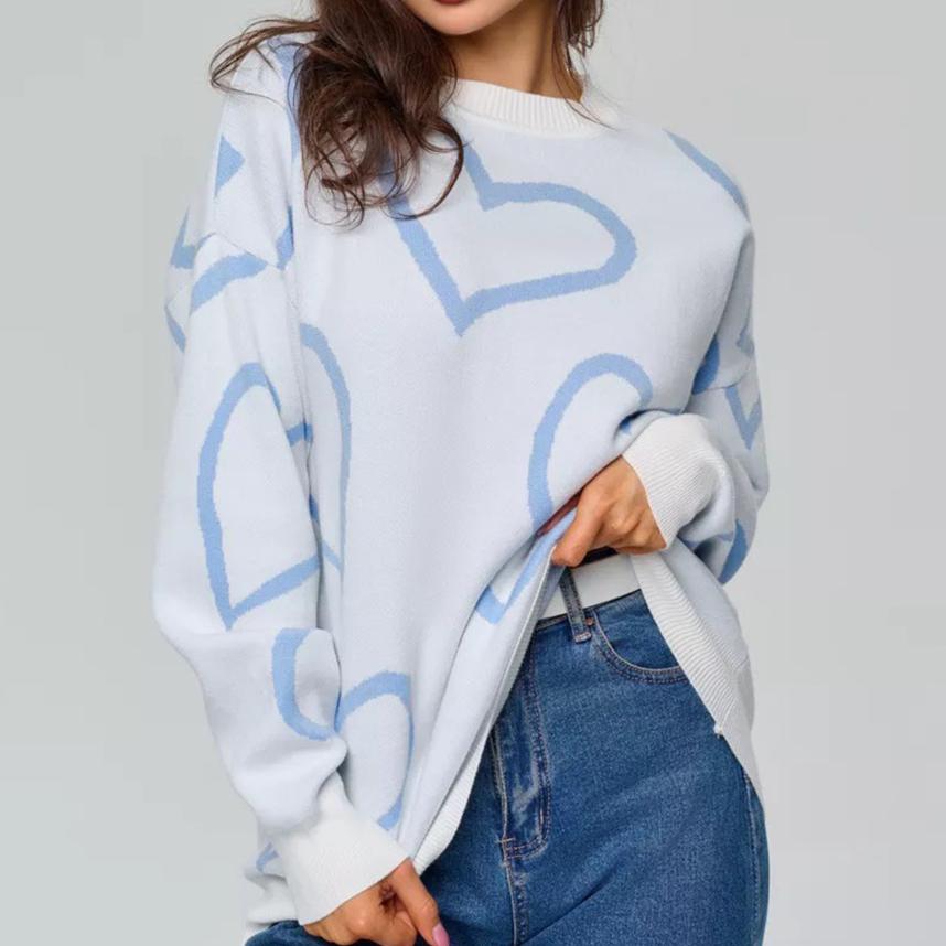 IHUASU Women's Love Jacquard Pullover O-neck Knit Jumper Autumn and Winter Fashionable Versatile Casual Tops