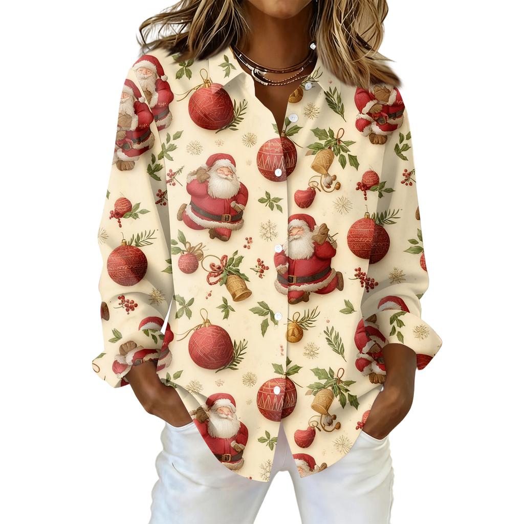 Women's Christmas Printed Button Up Long Sleeved Casual Regular Shirt With Collar Top
