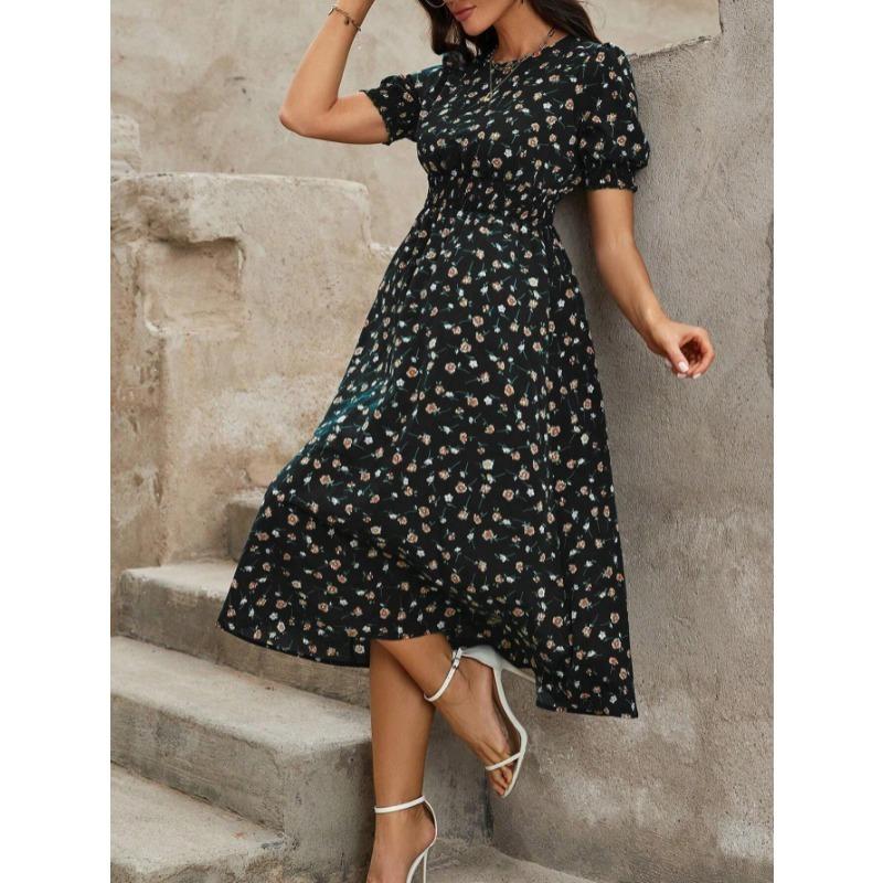 Elegant Summer Short Sleeve Fashion Floral Dress O Neck Women Loose Printed Casual Simple Aline Party Dresses Holiday Slim Fit Pleated Clothing