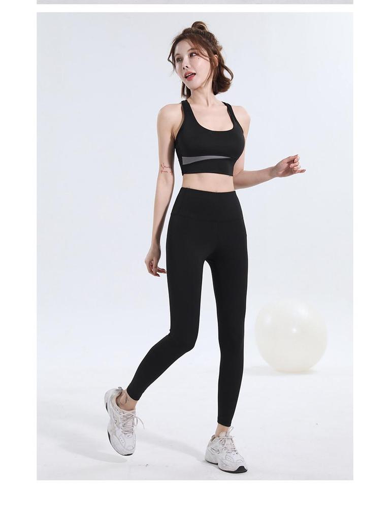 Цветной блок Комплект для йоги с высокой талией и контролем живота: Противоударный, Утягивающий талию и Подтягивающий бедра комплект с ощущением обнаженности