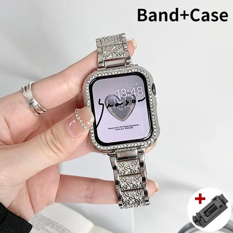 Чехол с бриллиантами + ремешок для Apple Watch Series 8, 7, 41 мм, ультра, 49 мм, 45 мм, ремешок из нержавеющей стали для iwatch 9 se 6, 5, 4, 3, 40 мм, 44 мм, 38 мм, 42 мм, металлический ремешок для часов