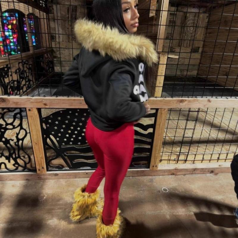 Womens Oversized Hooded Cropped Sweatshirt With Fuzzy Brown Trim Streetwear Pullover Top
