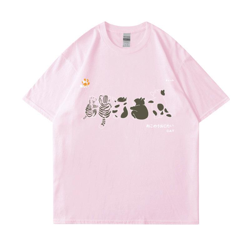 Рубашка с коротким рукавом, мужская, с рисунком кошки, летние, свободные и универсальные, студенческие футболки