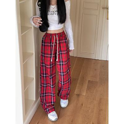 Хлопковые клетчатые брюки для женщин Осень Повседневные спортивные Брюки с высокой талией и широкими штанинами Прямые Нового стиля Клетчатые брюки для женщин