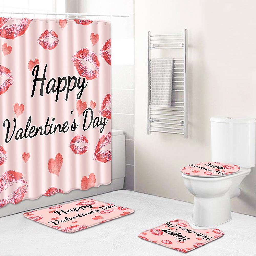 День святого Валентина Туалет Занавеска для душа Набор из четырех предметов Принт Коврик для пола Коврик для ванной Комната Впитывающий коврик для двери Ковер