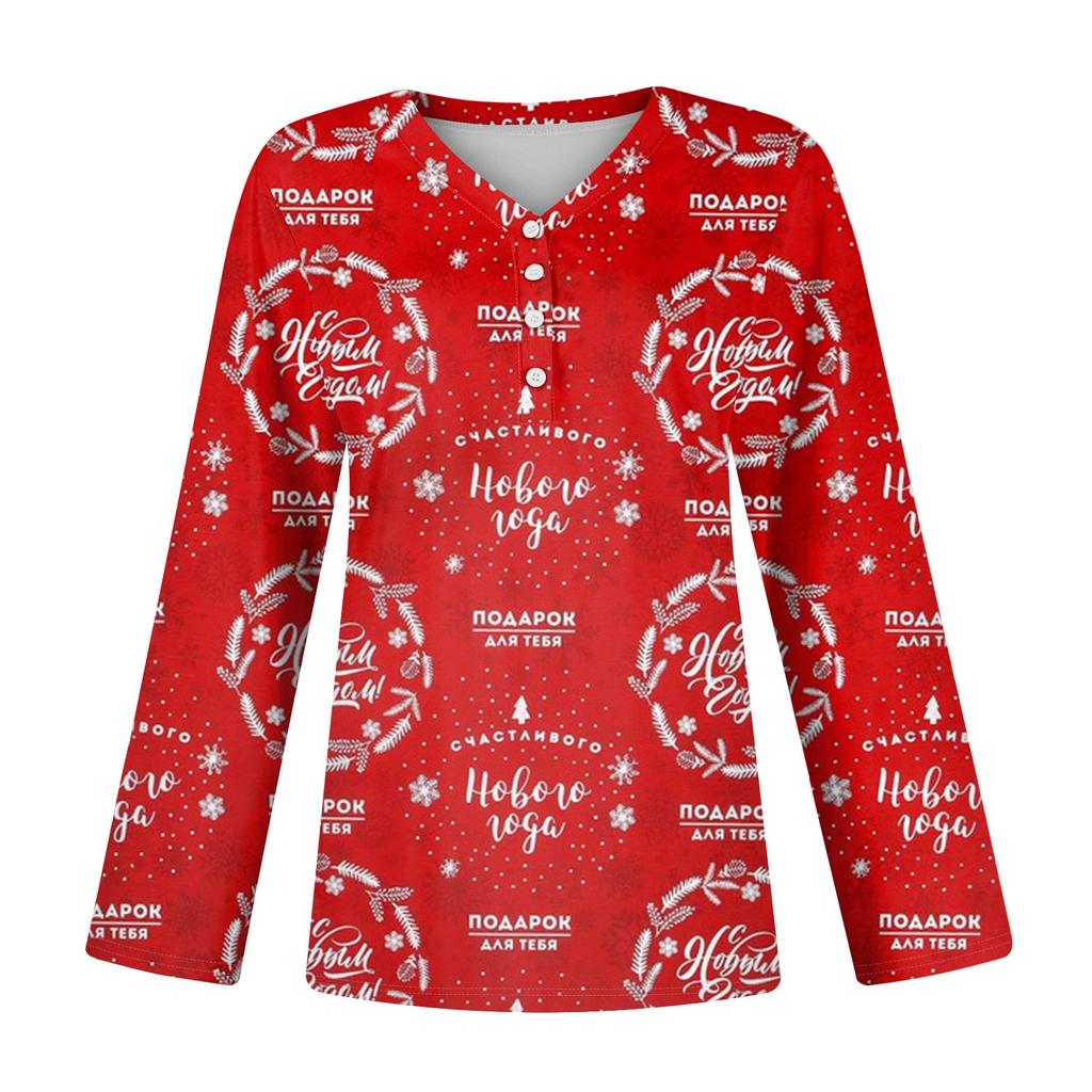 Women's Casual Fashion Sexy Comfort Christmas Printed V-Neck Button Long Sleeve