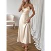 Women Satin Spaghetti Strap High Waist Solid Color Elegant Long A Line Dress