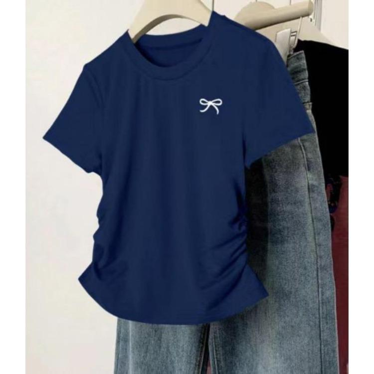 Korean Version Summer T-shirt Slim Fit Plus Size Waist Cinching Top New Shoulder Short Sleeved Slimming Effect Versatile Chubby