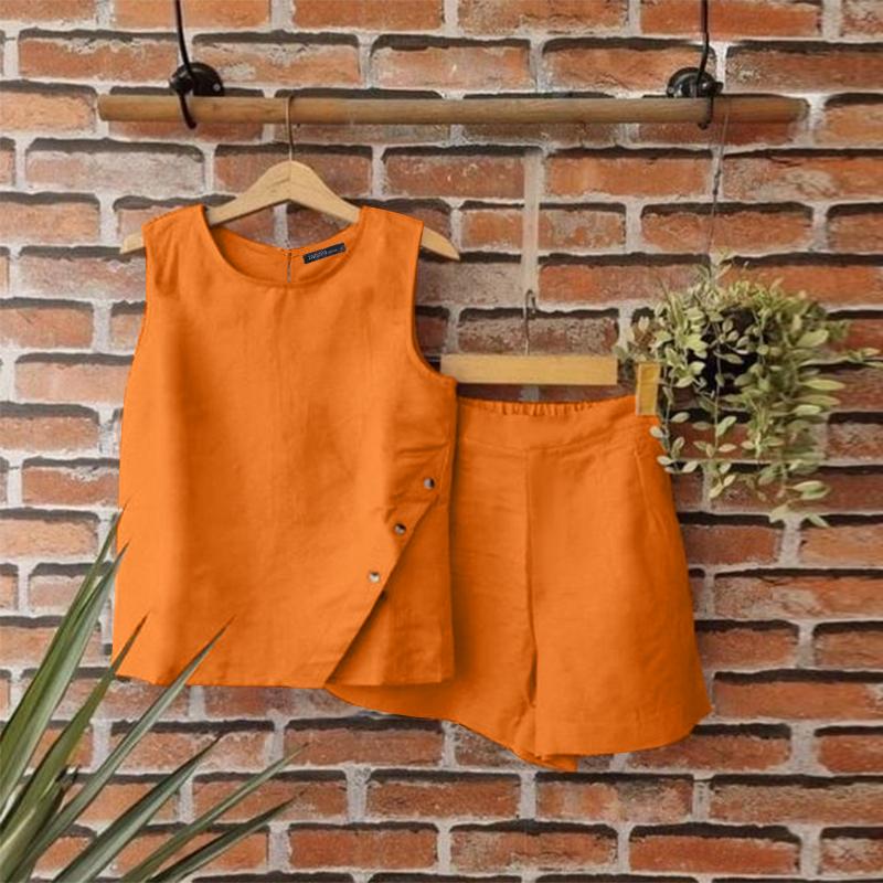 ZANZEA Женские летние свободные топы и шорты без рукавов с круглым вырезом и карманами на пуговицах, комплект из двух предметов