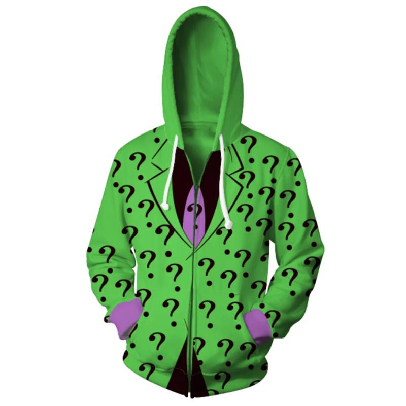 Толстовка с капюшоном для косплея Riddler для мужчин и женщин, 3D-принт, толстовка, пуловер, куртка на молнии, пальто, повседневная уличная одежда