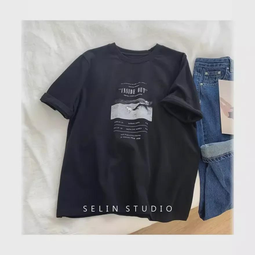 Women's Summer 2024 Korean Style Loose Letter Print T-Shirt