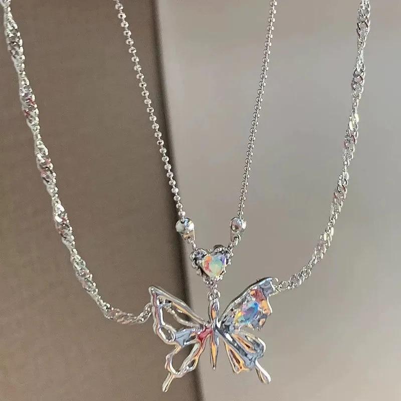 Kpop Y2K Aesthetic Butterfly Pendant Necklace for Women Hip Hop Vintage Double Chain Heart Necklaces Girls Gifts Jewelry