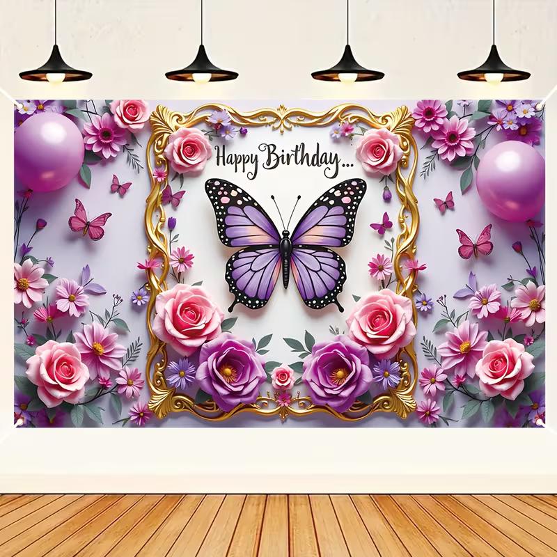 2D Purple Butterfly Floral Happy Birthday Backdrop Photography Banner
