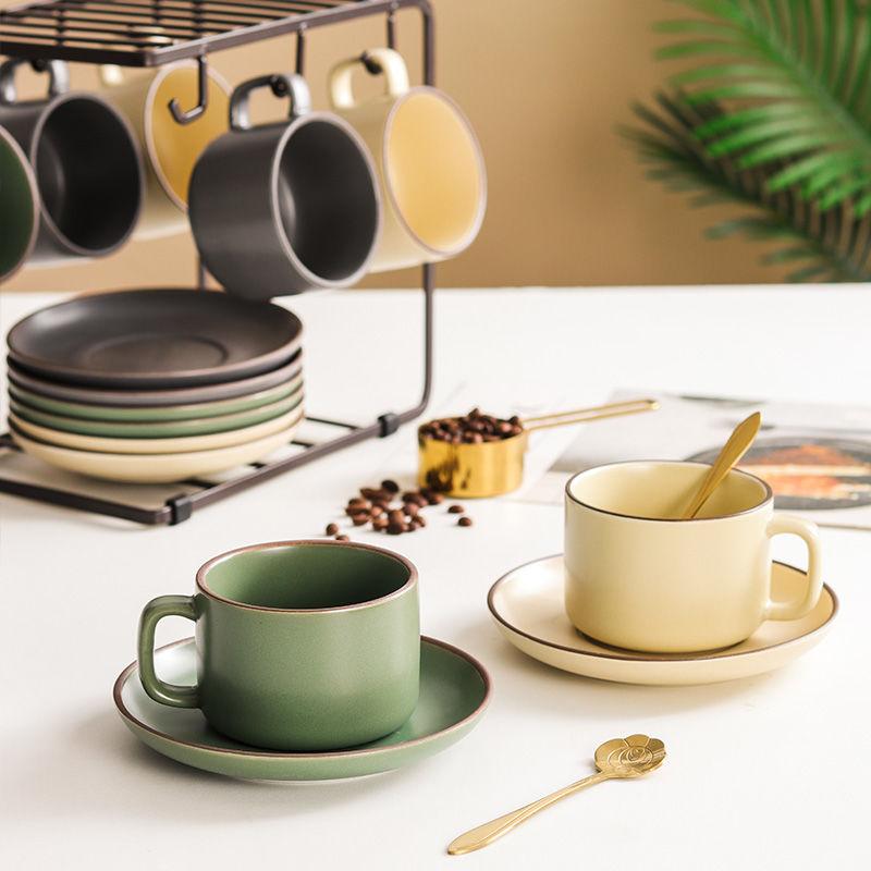 Ceramic Coffee Cup and Saucer Set with Spoon European Luxury Breakfast Cup Ins Retro Light Luxury High-value Small Cup and Saucer