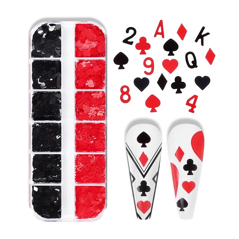 12 Grids 3D Playing Cards Nail Sequins Charms Heart Alphabet Plum Poker Flakes Decoration For Nails Supplies Accessories