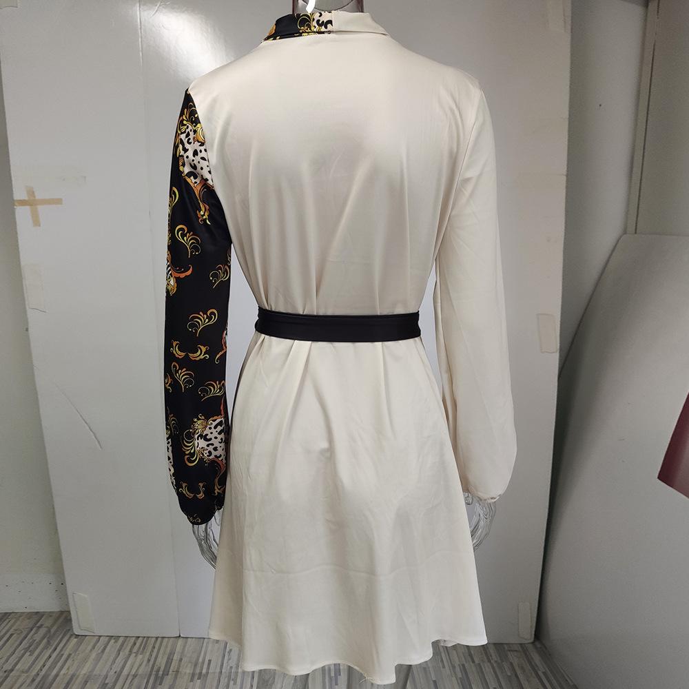 GMXIA Женская мода весна осень однотонный принт длинный рукав V-образный вырез высокая талия повседневный темперамент цельный цвет бретельки платья