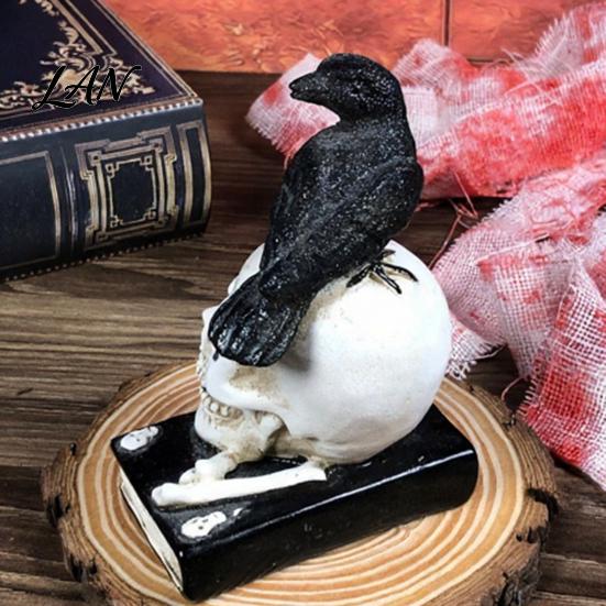 Mysterious Book Shelf Figurine Mystical Raven on Skull Statue, Gothic Crow Perching Resin Skeleton Statue with Book, Spooky Halloween Sculpture
