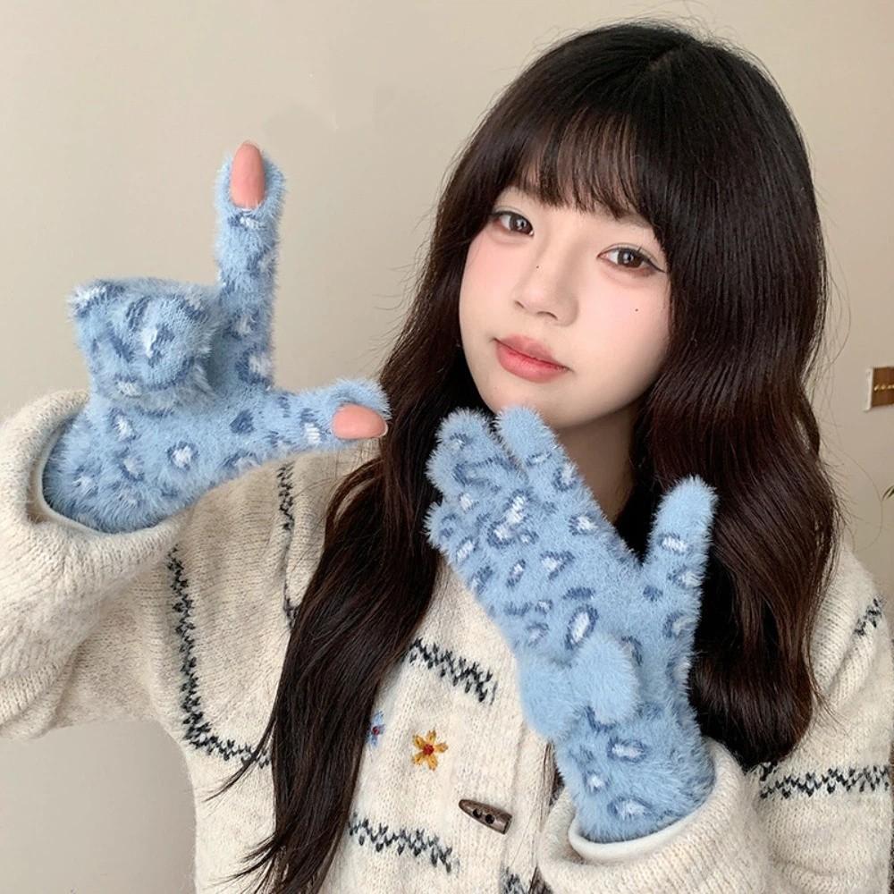 Keep Warm Five Finger Gloves Leopard Print Winter Mittens New Bow Gloves Women