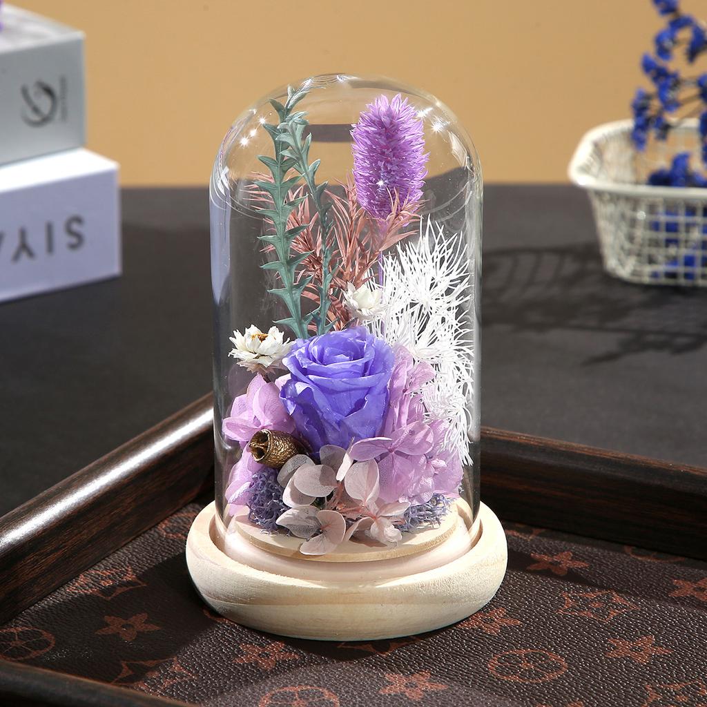 Rose immortal flower glass cover wood bottom ornament Valentine's Day souvenir bedroom living room table top ornament