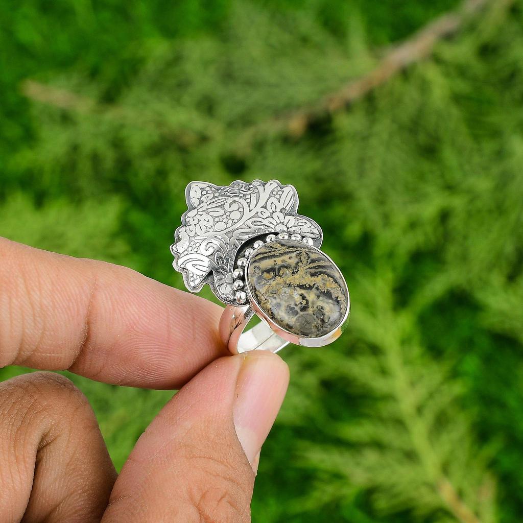 Mothers Day Deal Leopardskin Jasper Gemstone Stackable Ring 925 Sterling Silver