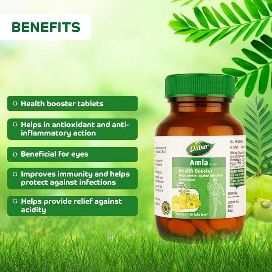 Dabur Таблетка амлы - Усилитель здоровья | Богата антиоксидантами | Обеспечивает защиту от инфекций | Чистые травы 60 таблеток ( Получите 20 вкладок бесплатно)