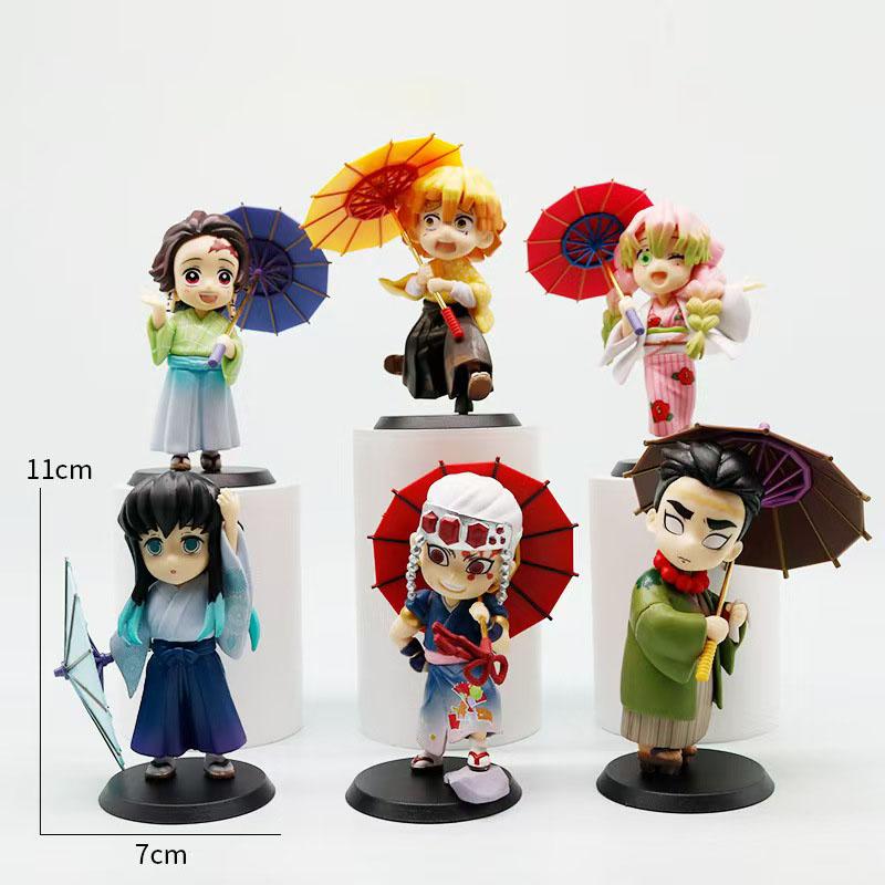 Anime Demon Slayer Summer Festival Yukata Figure Kimetsu No Yaiba Collectible Model With Umbrella PVC Statue Toys Gift for Fans