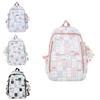 Ins Style Girls' Nylon Large Capacity Backpack For School Students Cartoon Cute Flower Pattern Grid Element