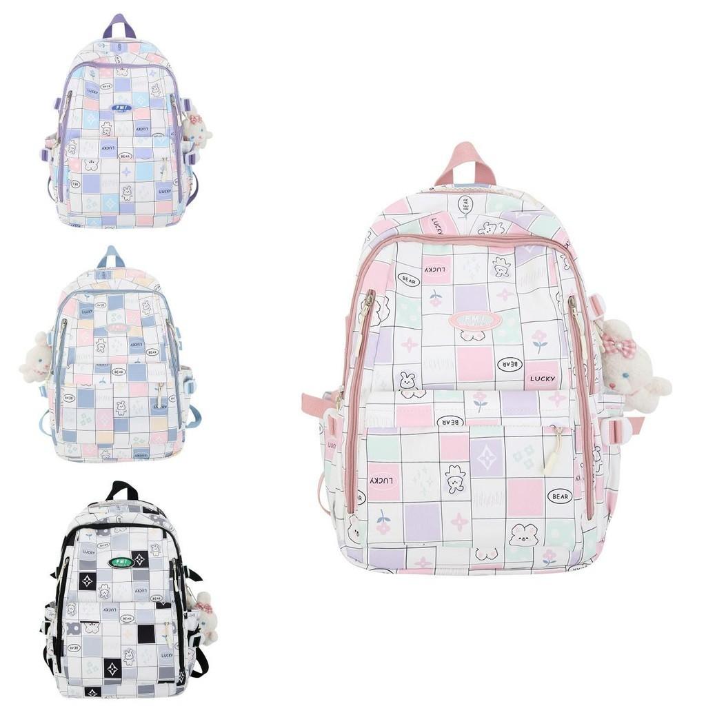 Ins Style Girls' Nylon Large Capacity Backpack For School Students Cartoon Cute Flower Pattern Grid Element