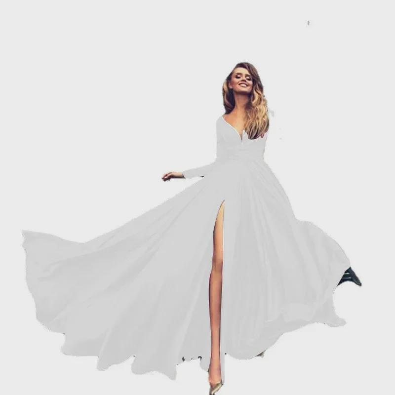 2025 Сексуальное платье из молочного шелка с глубоким V-образным вырезом и длинными рукавами